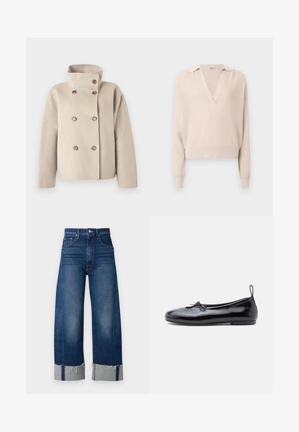 Beige dobbeltradet uldjakke med høj krave og seks brune knapper, lange ærmer og en firkantet pasform.; Beige strikket sweater med V-udskæring og krave, med lange ærmer og ribbede manchetter. Stoffet har et tekstureret mønster.; Mørkeblå denim bukser med brede ben, frayed afslutning og lyse grå manchetter. Har et traditionelt fem-lomme design.; Sorte patenterede læder ballet flats med rund tå, lille sløjfedetalje og glat tekstur; har en lav flad sål og en træksløjfe ved hælen.
