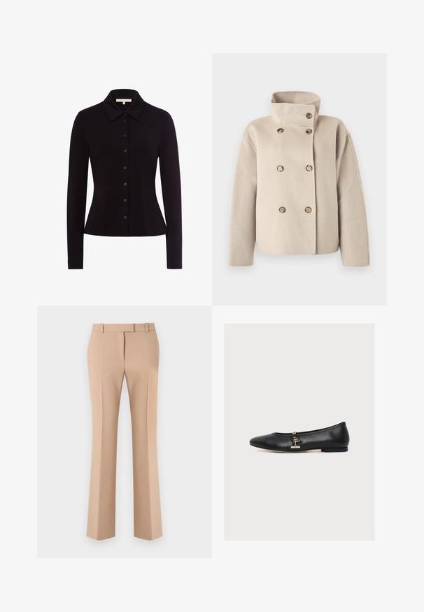 Beige, dubbelgeknoopte wollen jas met een hoge kraag en zes bruine knopen, lange mouwen en een rechte pasvorm.; Zwarte lange mouwen shirt met een kraagnek, met een knoopsluiting aan de voorkant en een getailleerde vorm, gemaakt van een gladde stof.; Beige op maat gemaakte rechte broek met gulp en broekriemlussen, met een voorplooi, getoond tegen een witte achtergrond.; Zwarte leren ballerina met een kleine gouden gesp aan de zijkant, lage hak en afgeronde neus, in profiel getoond op een witte achtergrond.