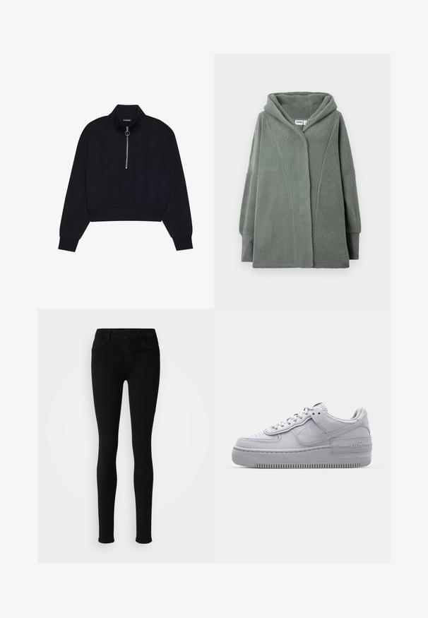 Fleece jack in lichtgroen met een capuchon, oversized ontwerp en lange mouwen. Heeft een zachte textuur en een minimalistische snit.; Zwarte cropped pullover van zacht materiaal, met een hoge kraag, een voorzipper met een zilveren trekker en geribde manchetten en zoom.; Zwarte slim-fit broek met knoopsluiting, riemlussen en zijzakken, weergegeven tegen een effen lichte achtergrond.; Grijze Nike Air Force 1 sneaker met geperforeerde neus, glad leren bovenwerk, dikke zool en verhoogde 'AIR' details op de hiel.