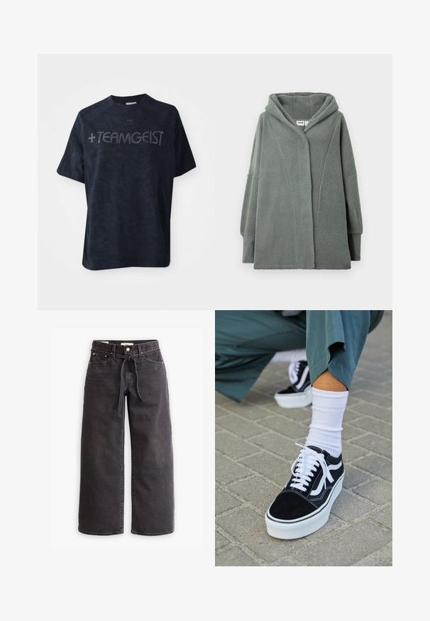 Helesinine fliisjakki kapuutsiga, oversized disainiga ja pikkade varrukatega. Omab pehmet tekstuuri ja minimalistlikku lõiget.; Must dekiga t-särk pehmest kangast, millel on tekstuuriline muster ja mida kaunistavad sädelevad kivid, mis kirjutavad "+TEAMGEIST."; Mustad laiad mustad teksapüksid, mis on valmistatud denimist, joonisega vöökoha, viie tasku ja kontrastsete õmblustega. Lame esiosa.; Mustjad sametist tennisjalanõud valgete aktsentide ja nööridega, millel on paks valge tald ja kontrastsed õmblused, koos valge sokiga.