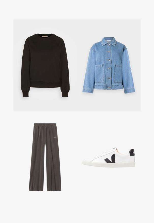 Lichtblauwe spijkerjas met kraag, lange mouwen, knoopsluiting aan de voorkant en twee grote voorzakken tegen een witte achtergrond.; Zwarte sweatshirt met een ronde halslijn, lange raglanmouwen, elastische manchetten en een aansluitende zoom. Gemaakt van zachte stof, minimalistisch ontwerp.; Loszittende donkergrijze broek met elastische tailleband en klein "American Vintage" logo op de bovenste linker dij.; Witte sneaker met een zwart V-logo, voorzien van een gladleren bovenwerk, ronde neus, vetersluiting en een contrasterende zwarte hieltab.