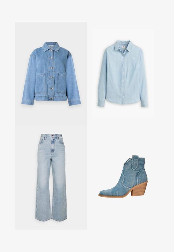 Lyseblå denimjakke med krave, lange ærmer, knaplukning foran og to store forlommer mod en hvid baggrund.; Lyseblå skjorte med knapper lavet af blødt denimstof. Har en klassisk krave og lange ærmer, med et lille logo på brystet.; Lysblå denim brede ben jeans med høj talje, klassisk fem-lomme design og kontrasterende syninger. Uslebne kanter i bunden.; Blå denim ankelstøvle med spids tå, slidte tekstur og en stablet træhælfot. Har side løkker for nem påføring.