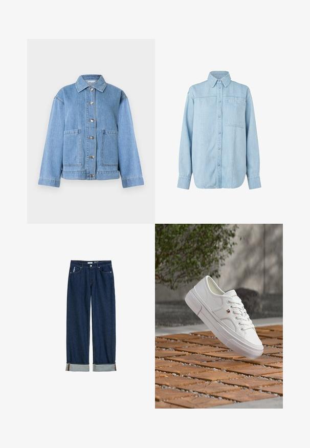 Hellblaue Jeansjacke mit Kragen, langen Ärmeln, vorderer Knopfleiste und zwei großen Vorderentaschen vor weißem Hintergrund.; Hellblaues Denim-Hemd mit langen Ärmeln, knöpfbare Front, spitzem Kragen, einzelnen Brusttasche und dezenten vertikalen Nähdetails.; Dunkelblaue Jeans aus Denim mit geradem Bein, umgeschlagenen Säumen, sichtbarem Stich und klassischem Fünf-Taschen-Stil.; Weißer Ledersneaker mit Schnürsenkeln und einem kleinen rot-weiß-blauen Logo, schwebend über einer gemusterten Holz- und Kiesfläche im Freien.