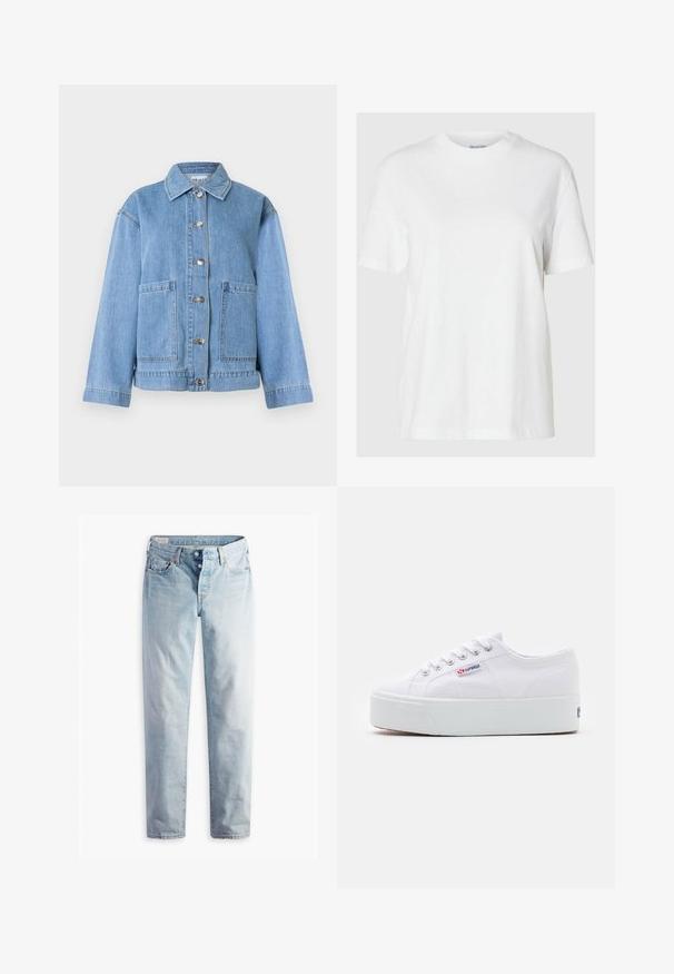 Chaqueta de mezclilla azul claro con cuello, mangas largas, cierre frontal con botones y dos grandes bolsillos delanteros sobre un fondo blanco.; Camiseta de algodón blanca con mangas cortas y escote redondo. Presenta un corte relajado y un diseño minimalista sin patrones ni acentos.; Jeans de mezclilla azul claro con diseño de pierna recta, cinco bolsillos y cierres de botones metálicos en una pretina estándar.; Zapatilla de lona blanca con una gruesa suela de plataforma blanca, punta redonda y ojales de metal para los cordones. Logotipo de la marca mostrado en el lateral.