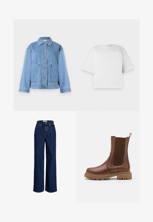 Veste en denim bleu clair avec col, manches longues, fermeture à boutons sur le devant et deux grandes poches avant sur fond blanc.; T-shirt blanc court en coton lisse, avec un col rond et des manches courtes et larges. Design simple et épuré sans motifs visibles.; Jean large taille haute bleu foncé avec poches avant, passants pour ceinture, fermeture par bouton et détails de coutures visibles.; Bottine en cuir marron avec des panneaux élastiques et une languette de tirage. Elle possède une semelle en caoutchouc épaisse et des détails de couture visibles le long des bords.