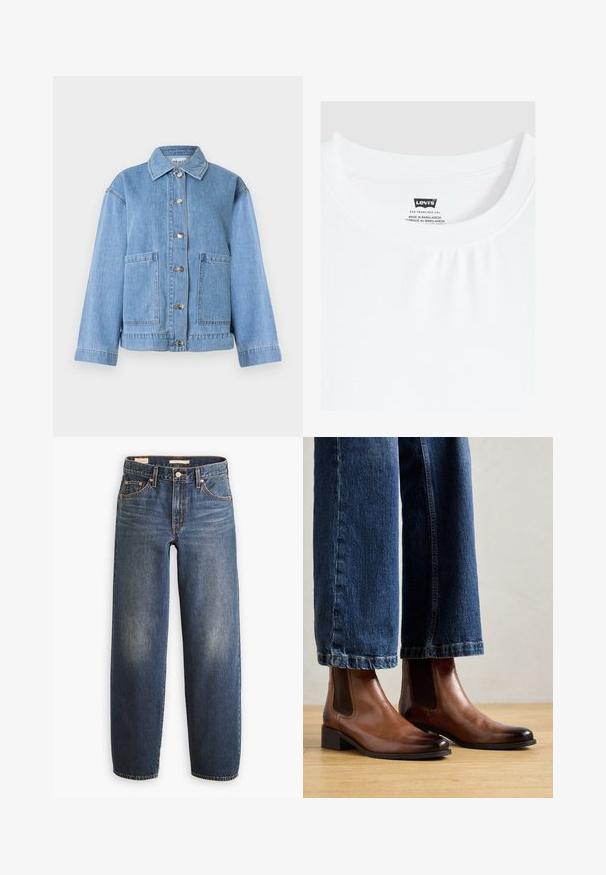 Hellblaue Jeansjacke mit Kragen, langen Ärmeln, vorderer Knopfleiste und zwei großen Vorderentaschen vor weißem Hintergrund.; Weißes T-Shirt mit Rundhalsausschnitt und Levi's Markenlabel, das innen am Kragen eingenäht ist, hergestellt in Bangladesch.; Dunkelblaue Jeans aus Denim mit geradem Bein, ausgestattet mit fünf Taschen, Kupfernieten und dezenten Verwaschungen an den Oberschenkeln.; Braune Lederankelstiefel mit elastischen seitlichen Einsätzen, quadratischer Zehenform und niedrigem Blockabsatz, getragen mit blauen Jeans. Hartholzboden darunter.