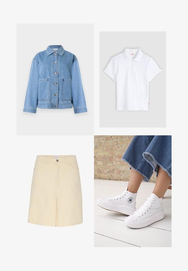 Lichtblauwe spijkerjas met kraag, lange mouwen, knoopsluiting aan de voorkant en twee grote voorzakken tegen een witte achtergrond.; Wit kortärmelig geribd poloshirt met kraag en vier knopen, plat gelegd op een lichtgrijze achtergrond.; Lichtbeige denim rok met een voorzijdeopening, een standaard tailleband en een klassiek vijf-pocketontwerp. Soepele textuur en minimalistische stijl.; Persoon draagt witte hoge Converse-sneakers met dikke zolen en korte jeans met rafelige zoom tegen een bakstenen muur en witte vloer.