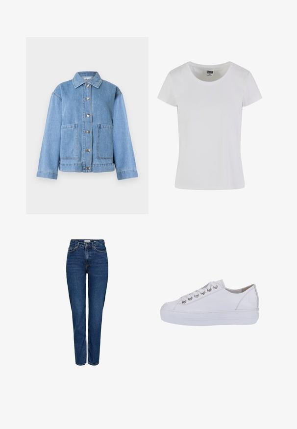Veste en denim bleu clair avec col, manches longues, fermeture à boutons sur le devant et deux grandes poches avant sur fond blanc.; T-shirt blanc à manches courtes en coton. Il présente une encolure arrondie et une coupe cintrée. L'étiquette indique "URBAN CLASSICS".; Jean en denim bleu foncé avec une coupe droite, taille haute, cinq poches, coutures claires et une finition texturée subtile.; Baskets blanches en cuir au toucher lisse, à bout arrondi et semelle blanche surélevée. Présentent des œillets en métal argenté et des lacets plats.