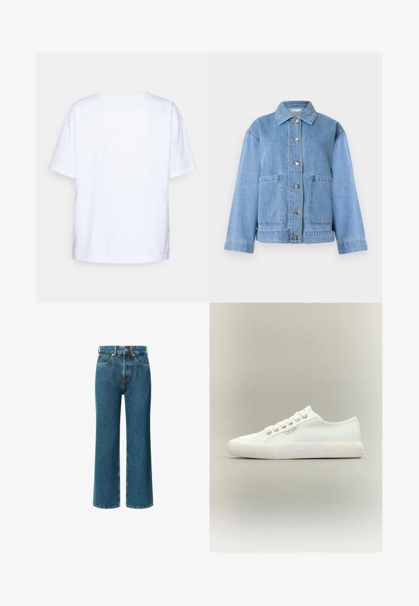 Chaqueta de mezclilla azul claro con cuello, mangas largas, cierre frontal con botones y dos grandes bolsillos delanteros sobre un fondo blanco.; Camiseta de algodón blanca de manga corta vista desde atrás sobre un fondo gris claro.; Jeans azul de cintura alta con una silueta recta y de pierna ancha. Hechos de mezclilla, con bolsillos frontales estándar y cremallera.; Zapatilla blanca de lona de corte bajo con suela de goma texturizada, cordones blancos y pequeña etiqueta de Calvin Klein en el lateral.