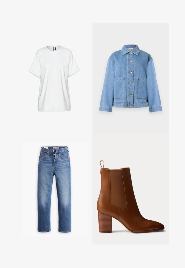 Lichtblauwe spijkerjas met kraag, lange mouwen, knoopsluiting aan de voorkant en twee grote voorzakken tegen een witte achtergrond.; Witte katoenen T-shirt met een ronde hals, korte mouwen en een losse pasvorm. Voorzien van subtiele stikdetails en een label bij de kraag.; Blauwe denim jeans met een hoge taille, rechte pijpen en vervaagde delen. Voorzien van voorzakken en metalen details.; Bruine leren enkellaars met blokhak, elastische zijpanelen en treklus aan de achterkant, getoond in profiel op een effen achtergrond.