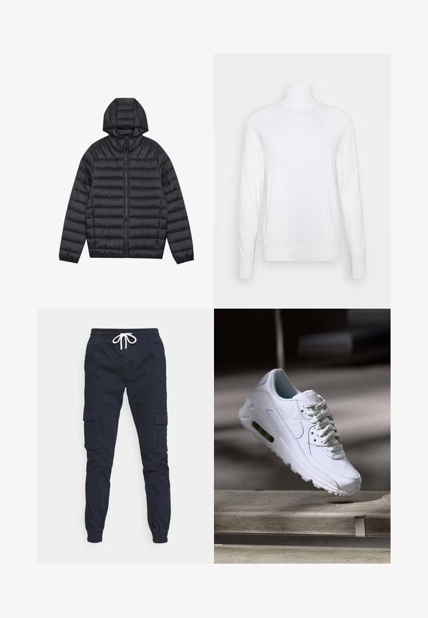 Sort letvægts quiltet jakke med horisontale syninger, fuld frontlynlås, sidelommer, elastiske manchetter og fastgjort hætte.; Hvid turtleneck sweater med lange ærmer, lavet af glat stof. Har et tætsiddende design og ribbede manchetter og kant. Ingen mønstre eller accenter.; Marine cargo bukser med elastisk talje, snor og ribbede manchetter. Har to sidelommer og et glat bomulds materiale.; Hvide lædersneakers med teksturerede overflader, polstret krave og synlig luftpolstring i sålen. Har snørrebånd og et minimalistisk design.