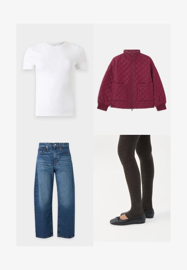 Veste matelassée bordeaux avec un col haut, fermeture éclair, deux poches avant et poignets élastiques. Présente un motif en losanges sur l'ensemble.; T-shirt blanc uni à manches courtes et col rond présenté sur un fond gris clair.; Jean bleu taille haute à jambes droites avec poches avant et arrière, fermeture par boutons et passants de ceinture sur fond clair.; Jambes portant des leggings côtelés foncés associés à des ballerines noires avec de petits détails en nœud sur fond blanc.