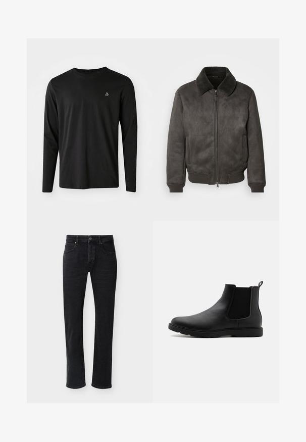 Chaqueta bomber de ante sintético gris oscuro con un suave collar texturizado, cierre de cremallera y puños y dobladillo acanalados. Cuenta con bolsillos laterales.; Camiseta negra de manga larga hecha de algodón, con cuello redondo y un pequeño logo blanco en la parte izquierda del pecho. Diseño sencillo.; Jeans negros de pierna recta con bolsillos delanteros, trabillas para cinturón, cierre de botón y costuras visibles sobre un fondo blanco liso.; Botín Chelsea negro de cuero con paneles laterales elásticos, una tira de agarre y una suela de goma duradera. Textura suave y diseño aerodinámico.