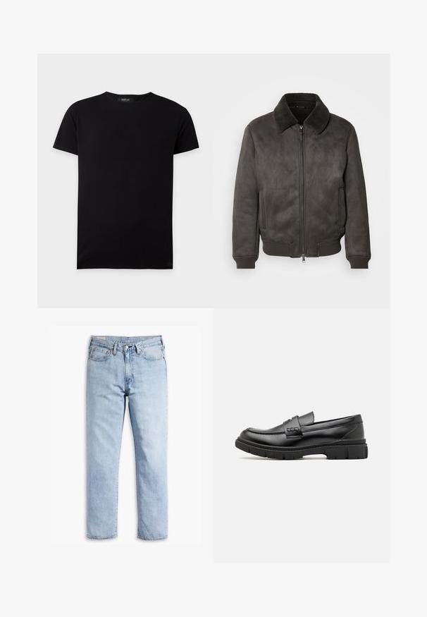 Blouson en fausse suede gris foncé avec un col doux et texturé, fermeture éclair, et des poignets et un ourlet côtelés. Comprend des poches latérales.; T-shirt noir uni à manches courtes et col rond, posé à plat, avec une petite étiquette de la marque Replay à l'intérieur du col.; Jean en denim bleu clair avec une coupe droite, style cinq poches et des détails de couture solides. Doté d'une fermeture éclair et d'un bouton en métal.; Mocassin en cuir noir avec une large sangle sur le devant, semelle en caoutchouc à épaisse rainure, et texture lisse. Design classique et élégant.