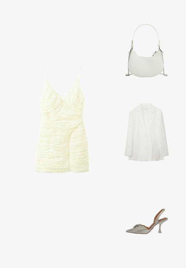 Blazer blanc à un bouton avec revers crantés et manches longues, avec une poche poitrine et un tissu subtilement texturé.; Mini-robe couleur crème avec texture froncée, décolleté en V profond et fines bretelles spaghetti.; Chaussure slingback en satin blanc, à bout pointu, ornée de perles argentées. Présente un talon fin et transparent, ainsi qu'un détail décoratif texturé sur le dessus.; Sac à main synthétique blanc de forme courbée, avec une bandoulière en chaîne et un design minimaliste. Texture lisse avec des accents en métal argenté.