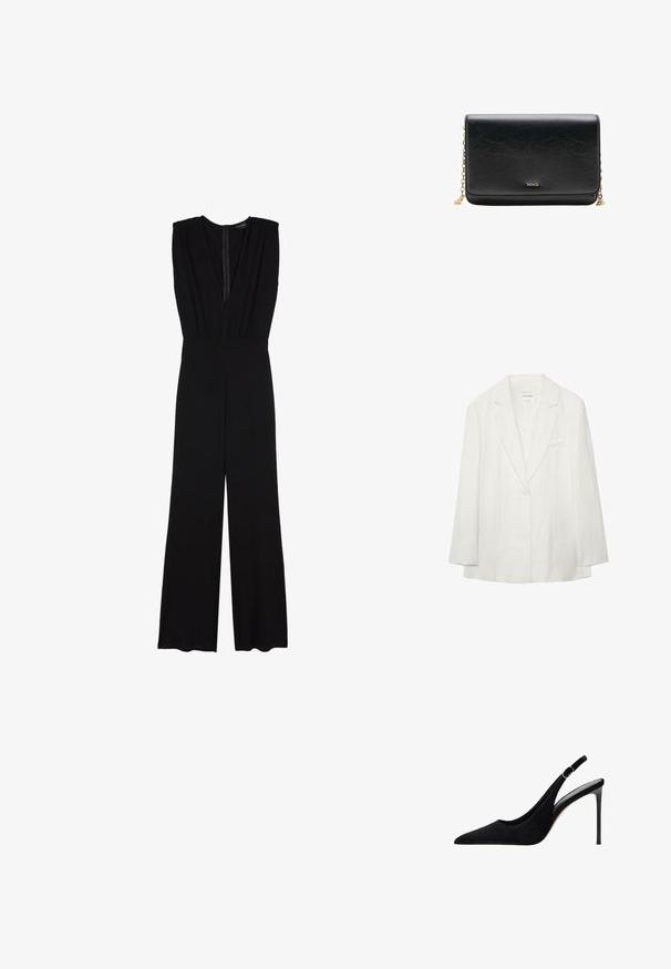 Weißer Ein-Knopf-Blazer mit Kerbkragen und langen Ärmeln, mit Brusttasche und dezent strukturierter Stoff.; Anna Field Jumpsuit - black; Schwarzer Wildleder-Slingback mit hohen Absätzen, spitzer Zehenform, dünnem Absatz und verstellbarem Riemen mit goldfarbenem Akzent.; Schwarze Leder-Umhängetasche mit Klappe, kleinem goldenen MNG-Logo in der Mitte und goldener Kettenriemen, teilweise sichtbar an den Seiten.