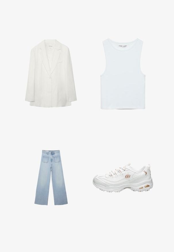 Biely jednokladový blejzer s výstrihom a dlhými rukávmi, s náprsným vreckom a jemne štruktúrovanou tkaninou.; Biely bezrukávový crop top s okrúhlym výstrihom, vyrobený z hladkej látky, označený Pull&Bear, vhodný na bežné nosenie.; Svetlomodré široké rifle s vysokým pásom, predným zapínaním na gombíky, pútkami na opasok a dvoma štvorcovými vreckami vpredu.; Biele športové tenisky vyrobené z hladkého syntetického materiálu. Obsahujú textúrované akcenty, kovový zlatý detail, šnurovací dizajn a polstrovanú podrážku.