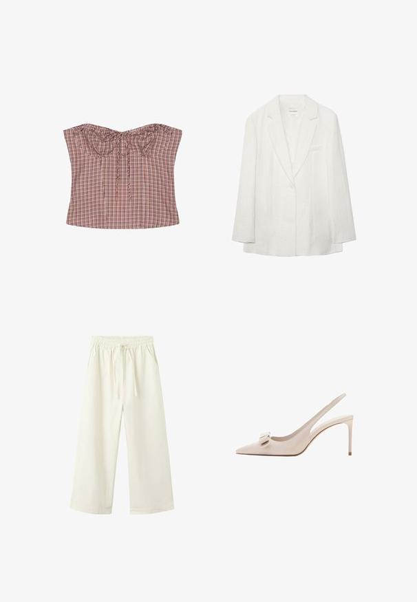 Blazer blanc à un bouton avec revers crantés et manches longues, avec une poche poitrine et un tissu subtilement texturé.; Haut bustier à carreaux marron et rose sans bretelles avec des détails froncés et un nœud devant sur fond blanc.; Pantalon ample couleur crème à jambes larges, avec taille élastique et cordon de serrage, doté de poches latérales.; Chaussure à talon haut slingback en cuir beige avec bout pointu et décoration de nœud à l'avant, talon stiletto fin.
