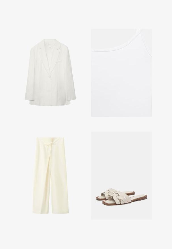 Blazer blanc à un bouton avec revers crantés et manches longues, avec une poche poitrine et un tissu subtilement texturé.; Débardeur blanc uni avec encolure arrondie et coutures visibles le long des bords.; Pantalon ample couleur crème avec une taille haute et un détail de lien noué à l'avant de la ceinture.; Sandales à glissière beige clair avec des brides tissées, présentant une semelle plate et un design minimaliste. Texture lisse avec des accents de contraste de couleur subtils.