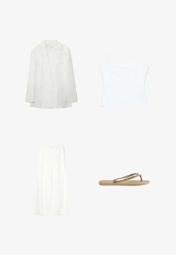 Blazer blanc à un bouton avec revers crantés et manches longues, avec une poche poitrine et un tissu subtilement texturé.; Camisole blanche courte avec fines bretelles spaghetti réglables et un décolleté droit.; Pantalon blanc à jambes larges avec taille élastique et cordon de serrage, en tissu léger.; Tongs avec une semelle texturée beige, de fines brides brunes et des accents en paillettes dorées. Design léger adapté à une utilisation décontractée.