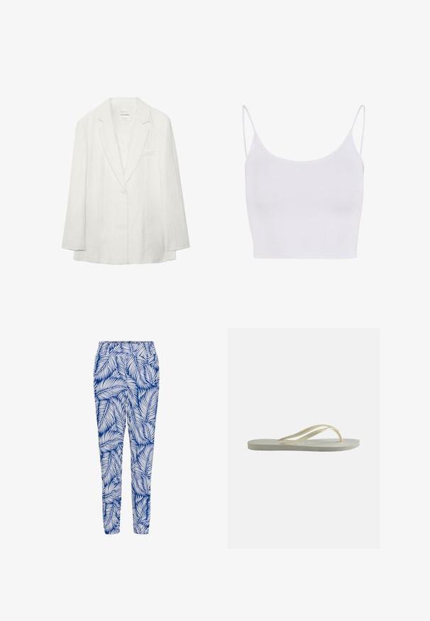 Blazer blanc à un bouton avec revers crantés et manches longues, avec une poche poitrine et un tissu subtilement texturé.; Débardeur court blanc avec fines bretelles spaghetti et encolure arrondie sur un fond uni.; Pantalon bleu et blanc à motif featuring un design de feuilles, taille élastique et bas resserrés, fabriqué dans un tissu léger et respirant.; Tongs en caoutchouc blanc cassé, à bride fine et semelle texturée, vues de côté sur un fond uni.
