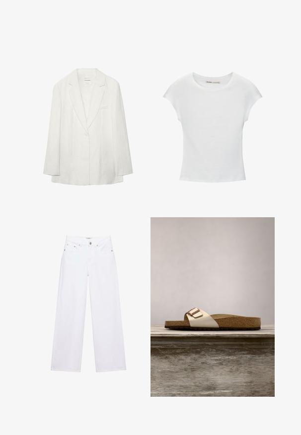 Witte blazer met een knoop, met inkeping revers en lange mouwen, met een borstzak en subtiel gestructureerde stof.; Witte katoenen T-shirt met korte, opgerolde mouwen, een ronde halslijn en een rechte zoom. Gladde textuur zonder zichtbare patronen of accenten.; Witte jeans met hoge taille en wijde pijpen, voorzien van knoop- en ritssluiting, voor- en achterzakken, en zilverkleurige klinknageldetails.; Slide-sandaal met een lichte metallic bovenkant, kurken voetbed en een gestructureerde bruine rubberen zool. Gespdetail met logo-accent.