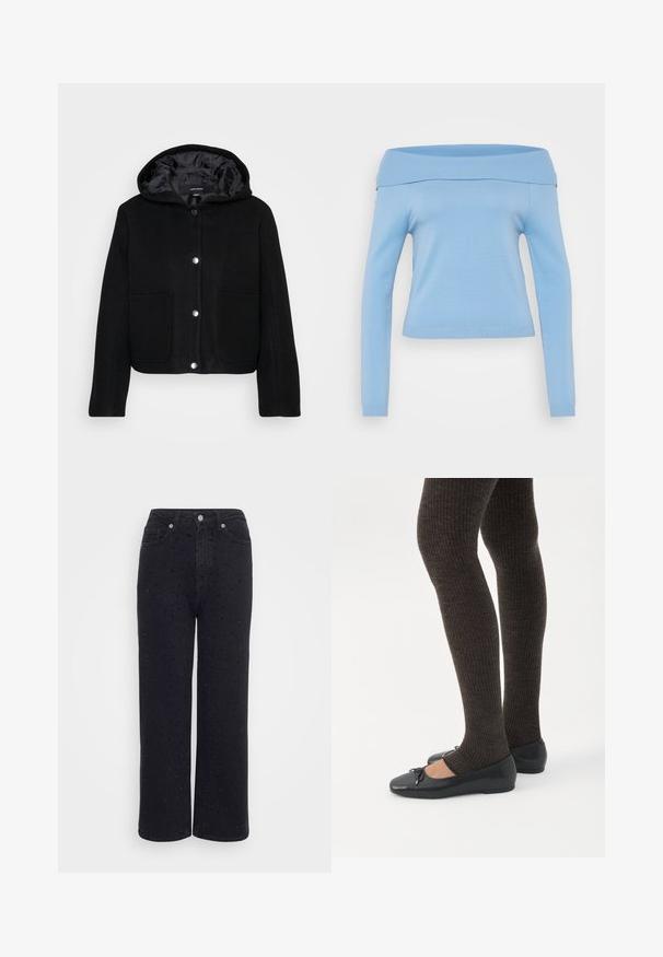 Sort cropped hættejakke med snap-knapper foran, to store forlommer og glat inderside.; Lyseblå, off-the-shoulder langærmet top med ribbet udskæring og manchetter, tætsiddende design og glat, let stof.; Sorte denim vidde bukser med høj talje, der har dekorative nitte detaljer overalt og en glat tekstur.; Ben iført mørke ribbede leggings kombineret med sorte balletsko med små sløjfedetaljer på hvid baggrund.
