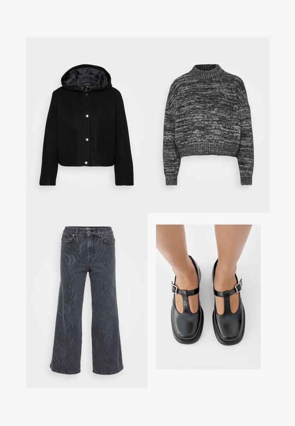 Schwarze, kurz geschnittene Kapuzenjacke mit vorderen Druckknöpfen, zwei großen Vordertaschen und einer glatten Innenauskleidung.; Vero Moda Petite VMDAIMA - Strickpullover - black/birch/silver; Weite Jeans aus dunkelgrauem Denim mit einem Zebramuster. Klassisches Fünf-Taschen-Design mit Knopf- und Reißverschluss.; Schwarze Lederschuhe mit T-Riemen-Design, geschlossenem Zehenbereich und silbernen Schnallenakzenten. Glatte Textur mit rundem Zehenbereich und flacher Sohle.