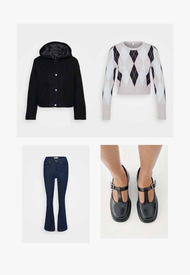 Schwarze, kurz geschnittene Kapuzenjacke mit vorderen Druckknöpfen, zwei großen Vordertaschen und einer glatten Innenauskleidung.; Hellgrauer, verkürzter Pullover mit einem schwarz und hellblauen Argyle-Muster. Mit langen Ärmeln und einem klassischen Rundhalsausschnitt. Weicher Stoff.; Dunkelblaue Jeans im Bootcut-Stil mit klassischem Fünf-Taschen-Design, metallischem Knopfverschluss und Nähakzenten an den Taschen.; Schwarze Lederschuhe mit T-Riemen-Design, geschlossenem Zehenbereich und silbernen Schnallenakzenten. Glatte Textur mit rundem Zehenbereich und flacher Sohle.
