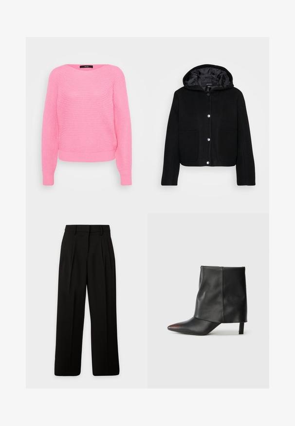 Chaqueta negra corta con capucha, botones de presión en el frente, dos grandes bolsillos frontales y forro interior suave.; Suéter de punto rosa con cuello redondo, mangas largas y puños y dobladillo acanalados. Presenta un patrón texturizado y un ajuste relajado.; Pantalones negros de tiro alto y pierna ancha con trabillas para cinturón y pliegues delanteros, mostrados planos sobre un fondo blanco.; Botín negro de piel lisa con punta afilada y tacón cónico. La parte superior presenta un diseño ligeramente fruncido.
