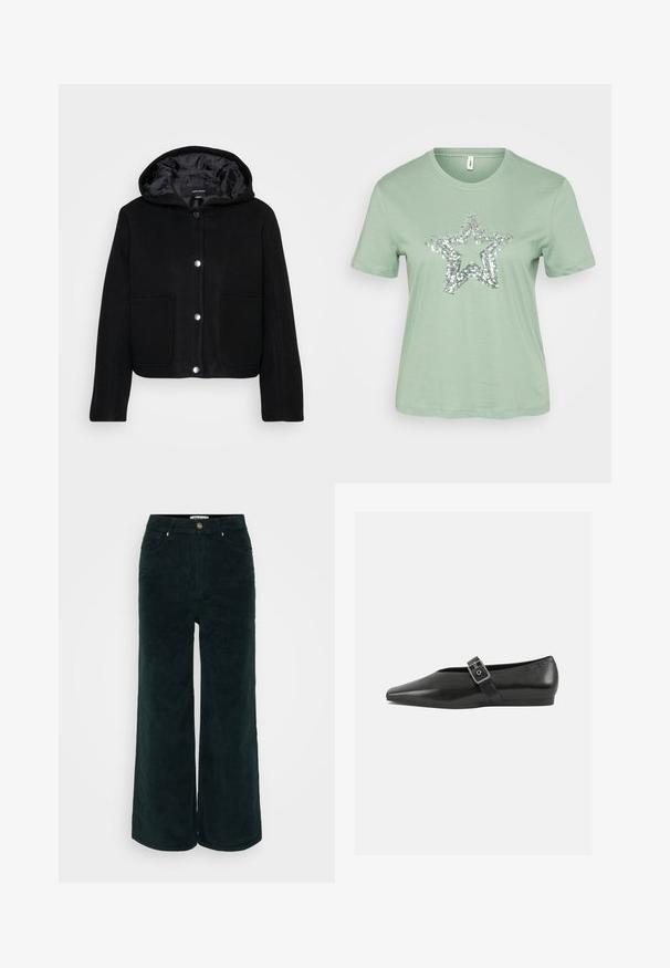 Sort cropped hættejakke med snap-knapper foran, to store forlommer og glat inderside.; Mintgrøn kortærmet t-shirt med et stort sølvfarvet paljett-stjernedesign på fronten. Fremstillet af let og blødt bomuldsstof.; Breddebenede kordfløjl bukser i mørkegrøn med høj talje, knaplukning og to forlommer. Blød tekstur med ribbet design.; Sorte læder flade sko med spidse tæer, prydet med en metallisk spænde over vristen og en lav, fleksibel sål.