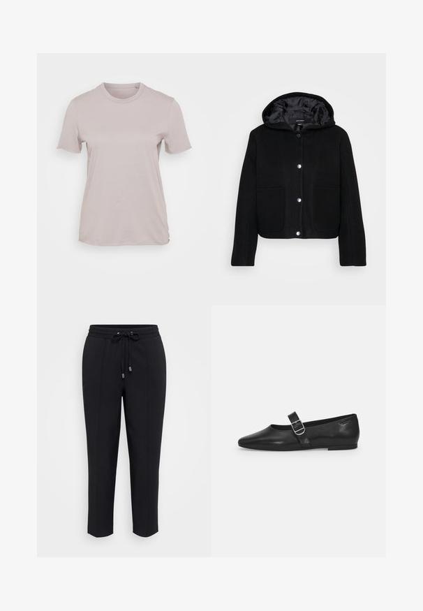 Chaqueta negra corta con capucha, botones de presión en el frente, dos grandes bolsillos frontales y forro interior suave.; Camiseta de manga corta color beige claro, hecha de algodón, con un escote redondo y un corte relajado, de textura suave y sin patrones visibles.; Pantalones de chándal negros con cintura ajustable, corte estrecho y dos costuras laterales. Tejido suave y liso sin patrones visibles ni adornos.; Zapato plano de cuero negro con punta redondeada, una sola correa ajustable con hebilla y una textura suave y brillante. Diseño minimalista con un tacón bajo.