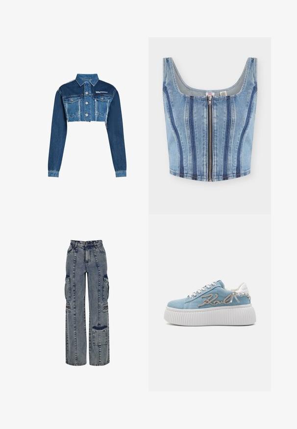 Kort denimjakke i mørkeblå og lyseblå med knapper foran, brystlommer og "KARL LAGERFELD JEANS" logo på brystet.; Ærmeløs cropped denim top med lynlås foran og lodrette mørkeblå panelaccents.; Denim cargo bukser i lyseblå. Har vide ben, flere sidelommer og kontrasterende mørke denim detaljer. Struktureret med synlige sømme.; Blå denim platform sneakers med hvid gummisål, med sølv broderet logo og hvide accenter på hælen og snørområdet.