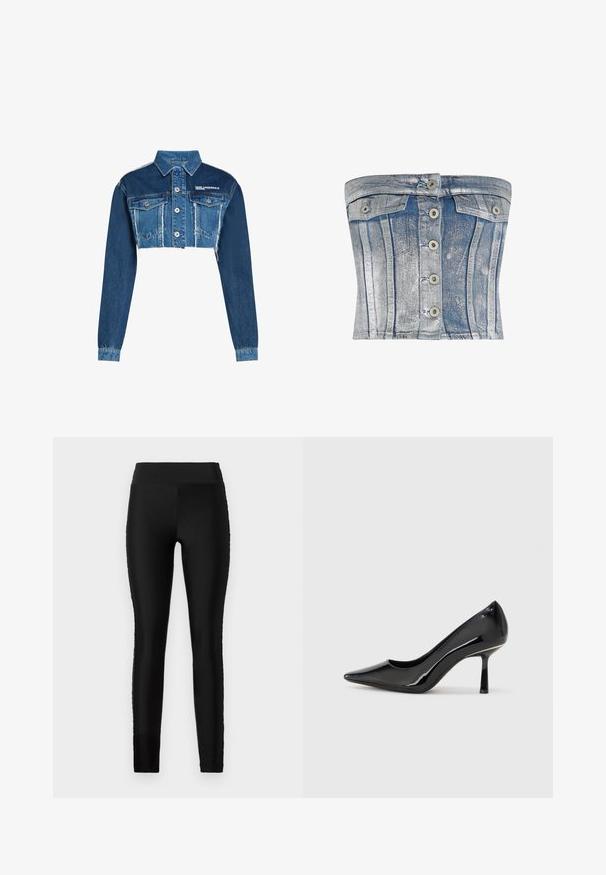 Tummansininen ja vaaleansininen lyhyt farkkutakki, jossa napit edessä, rintataskut ja "KARL LAGERFELD JEANS" -logo rinnassa.; Sininen ja valkoinen haalistunut farkkukangas ilman olkaimia oleva korsetti-toppia, jossa on nappikiinnitys ja kaksi läpällistä taskua rinnalla.; Mustat leggingsit, joissa on sileä, joustava kangas, korkea vyötärö ja istuva malli. Ei näkyviä kuvioita tai korosteita.; Korkokenkä mustasta patentoidusta nahasta, kärki terävä, tyylikäs muotoilu ja hoikka stiletto-korko, ominaisuutenaan sileä, kiiltävä pinta.