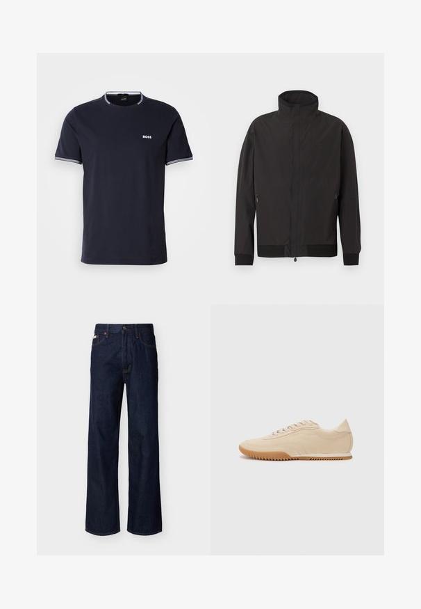 Must pikkade varrukatega jope, millel on kõrge krae, lukuga küljetaskud ja vasakul rinnal peen esilogoga.; Tume sinise puuvilla T-särk, ümarate kaelustega, millel on valged triibud kaeluse ja varrukate äärtes, ning väike valge logo rinnal.; Tumesinised sirgelõikelised teksapüksid viiepunktilise disainiga ja nööpidega, eksponeeritud lihtsal heledal taustal.; Beez Suede spordijalatsid voolujoonelise disainiga, millel on tekstureeritud ülemine osa, ümar toe ning kummist tallaga, millel on sakiline muster.