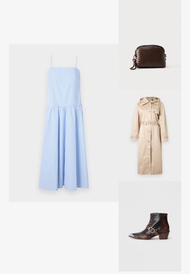 Trench-coat long beige avec capuche, fermeture à boutons, taille ceinturée et sangles ajustables aux poignets, présenté sur un fond uni.; Robe rayée bleu et blanc avec des bretelles spaghetti, buste ajusté et jupe évasée. Fabriquée en tissu léger, elle présente des rayures verticales.; Bottines à imprimé serpent noir et brun avec un embout en métal argenté, accent de boucle et un petit talon en bois. Texture lisse, design ajusté.; Pochette-bracelet en cuir tressé marron foncé avec fermeture éclair et une lanière tressée attachée d'un côté.