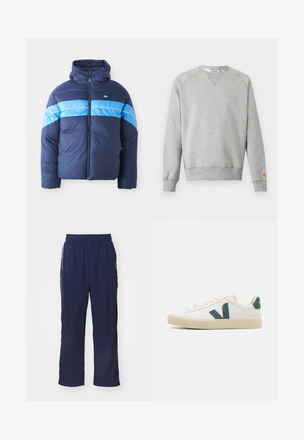 Tumed sinine puffer-jakk kapuutsiga, millel on rinnal kaks horisontaalset helesinist triipu. Lukuga kinnitamine ja tikanditunne.; Helehall hall crewneck-tüüpne dressipluus pikkade varrukate ja soonikkoes mansettidega ning väike logoga tahvel vasaku varruka mansetil.; Tumesinine kerged püksid elastse vöödiga, lõdva istuvuse ja küljetaskutega ning kontrastsete valgete triipudega külgedel.; Valge nahkne spordijalats, millel on teal värvi seemisnahast logo, ümmargune varvas, nööbiga disain ja kummist tallad, millel on tekstuuriga detailid. Brändi nimi "VEJA" kuldses värvuses.