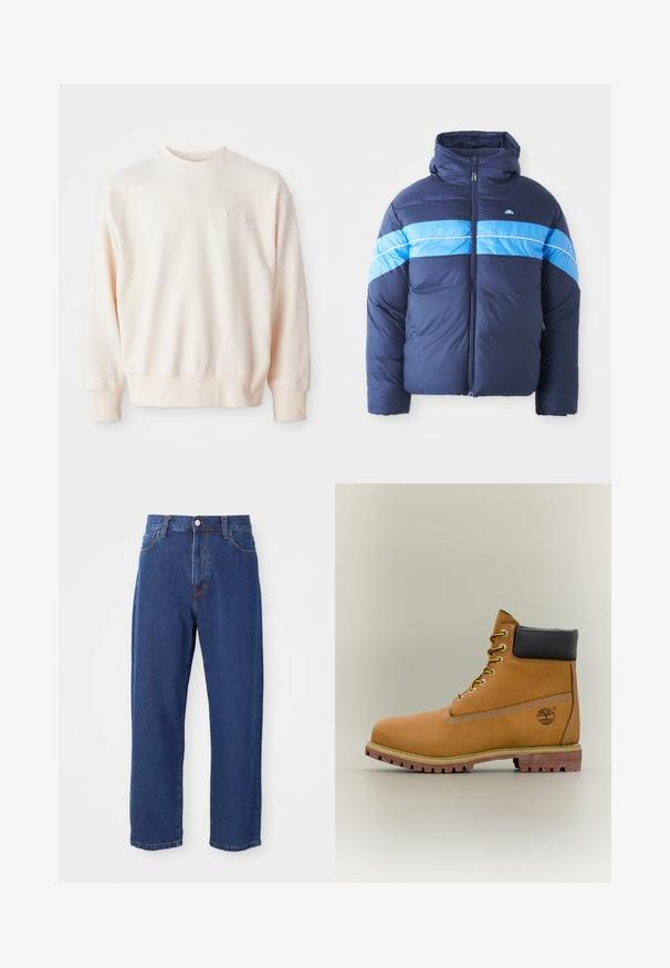 Dunkelblauer Puffer-Jacke mit Kapuze, die zwei horizontale hellblaue Streifen über der Brust aufweist. Mit Reißverschluss und gestepptem Material.; Helles rosa Sweatshirt aus weichem Material, mit Rundhalsausschnitt, gerippten Bündchen und Saum; kleines geprägtes Logodetail auf der Vorderseite.; Hoch taillierte blaue Jeans aus Denim, mit geradem Bein, sichtbaren Nähten und einem Frontknopfverschluss.; Brauner Leder-Stiefelette mit schwarzem Kragen, gelben Schnürsenkeln und hellbrauner Sohle. Verfügt über ein Logo und weiße Ziernähe. Robuste Profilsohle.