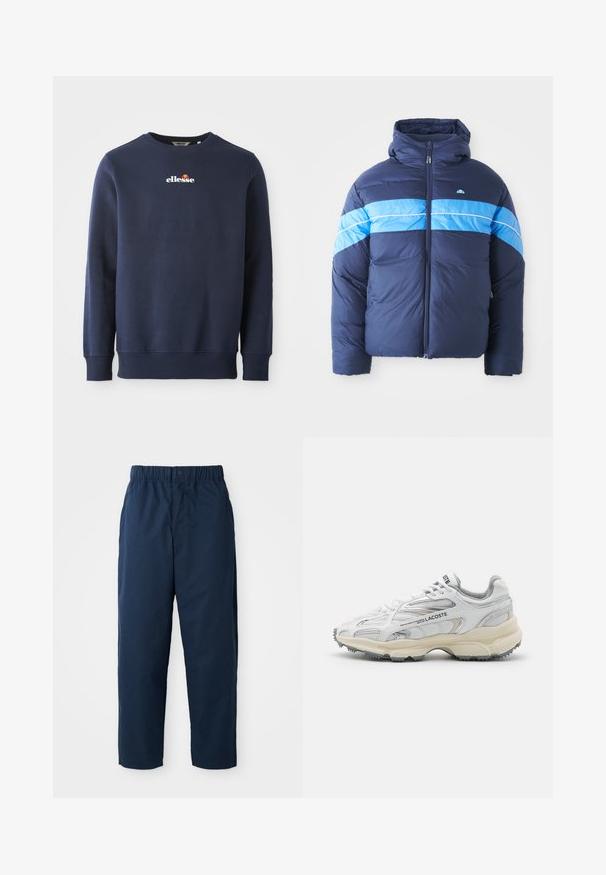 Dunkelblauer Puffer-Jacke mit Kapuze, die zwei horizontale hellblaue Streifen über der Brust aufweist. Mit Reißverschluss und gestepptem Material.; Dunkelblaues Sweatshirt aus einem weichen Material, mit Rundhalsausschnitt und gerippten Bündchen. Gesticktes "ellesse"-Logo mit farbigen Akzenten.; Marineblaue Hose aus glattem Stoff mit elastischem Bund und Knopf, geraden Beinen und ohne sichtbare Muster oder Hardware.; Weiße Sportschuhe mit grauen Akzenten, Obermaterial aus Mesh und Synthetik, Schnürdesign und rutschfester Gummisohle mit Strukturmustern.