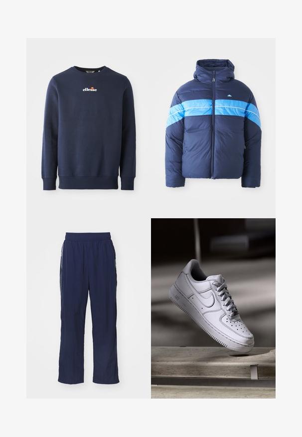 Marineblauwe pufferjack met capuchon, voorzien van twee horizontale lichtblauwe strepen over de borst. Ritsluiting en gewatteerde textuur.; Navyblauwe sweatshirt gemaakt van een zachte stof, met een ronde hals en geribbelde manchetten. Geborduurd "ellesse" logo met gekleurde accenten.; Navyblauwe lichtgewicht broek met een elastische tailleband, relaxte pasvorm, zijzakken en contrasterende witte strepen aan de zijkanten.; Witte Nike Air Force 1 sneaker van leer met geperforeerde neus, platte veters en een gestructureerde rubberen zool met "AIR"-logo aan de zijkant.