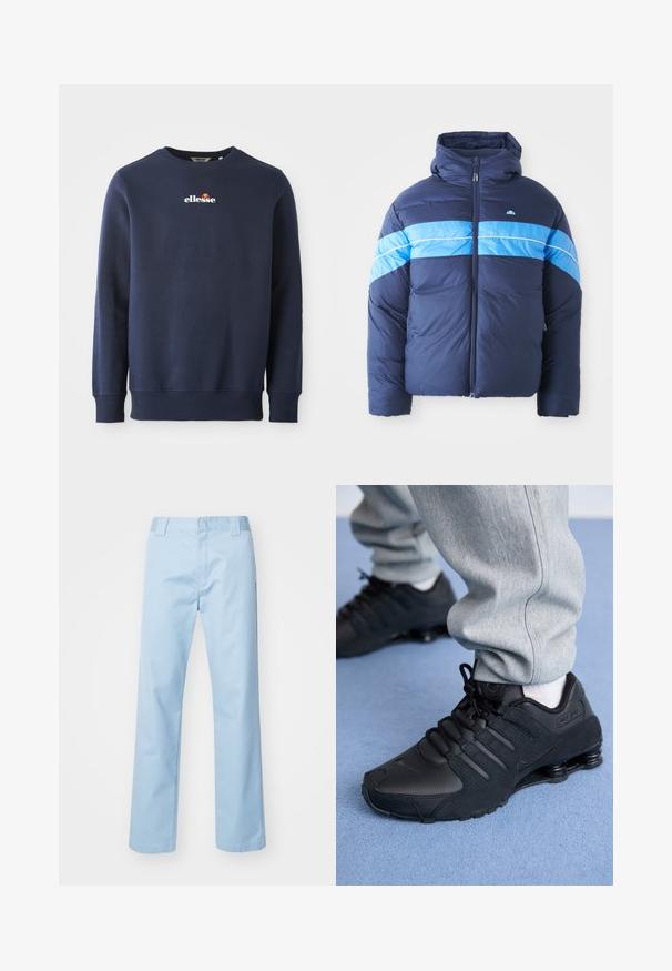 Veste matelassée bleu marine avec capuche, arborant deux bandes horizontales bleu clair sur la poitrine. Fermeture éclair et texture matelassée.; Sweatshirt bleu marine fabriqué en tissu doux, avec un col rond et des poignets côtelés. Logo "ellesse" brodé avec des accentuations colorées.; Pantalon droit bleu clair en tissu mélangé de coton. Présente une taille plate à l'avant, des poches latérales et aucun motif ou embellissement visible.; Personne portant des baskets Nike Shox noires et un pantalon de survêtement gris, debout sur un tapis bleu clair.