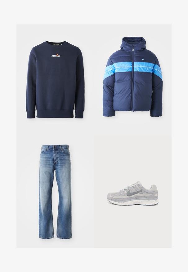 Marineblå dunjakke med hætte, der har to vandrette lyseblå striber tværs over brystet. Lynlås lukning og quilte tekstur.; Marineblå sweatshirt lavet af et blødt stof, med rund hals og ribbede manchetter. Brolagt "ellesse"-logo med farvede akcenter.; Blå denim straight-leg jeans med let fading på lårene og knæene, med fem lommer og en knaplukning.; Lysegrå Nike P-6000 sneaker med ruskind og mesh overdel, mørkegrå swoosh, hvid sål og snørebåndsdesign vist fra siden på hvid baggrund.