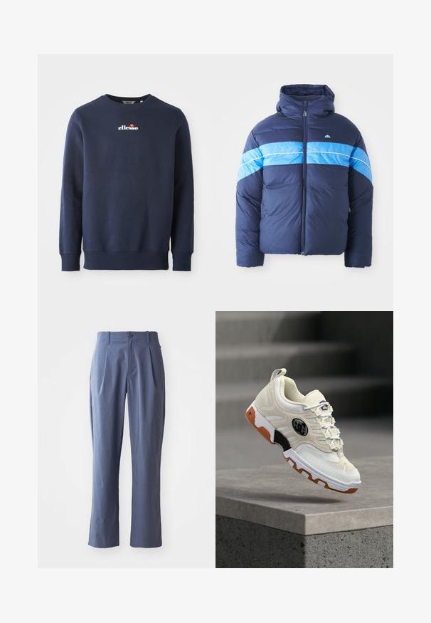 Dunkelblauer Puffer-Jacke mit Kapuze, die zwei horizontale hellblaue Streifen über der Brust aufweist. Mit Reißverschluss und gestepptem Material.; Dunkelblaues Sweatshirt aus einem weichen Material, mit Rundhalsausschnitt und gerippten Bündchen. Gesticktes "ellesse"-Logo mit farbigen Akzenten.; Marineblaue Hose mit Falten, gerader Schnitt, aus leichtem Stoff, mit einem einzigen Frontknopfverschluss und Gürtelschlaufen.; Beiger Sneaker mit weißer und orangener Sohle, schwarzem Logo an der Seite, weißen Schnürsenkeln, schwebend über einer Betonoberfläche dargestellt.