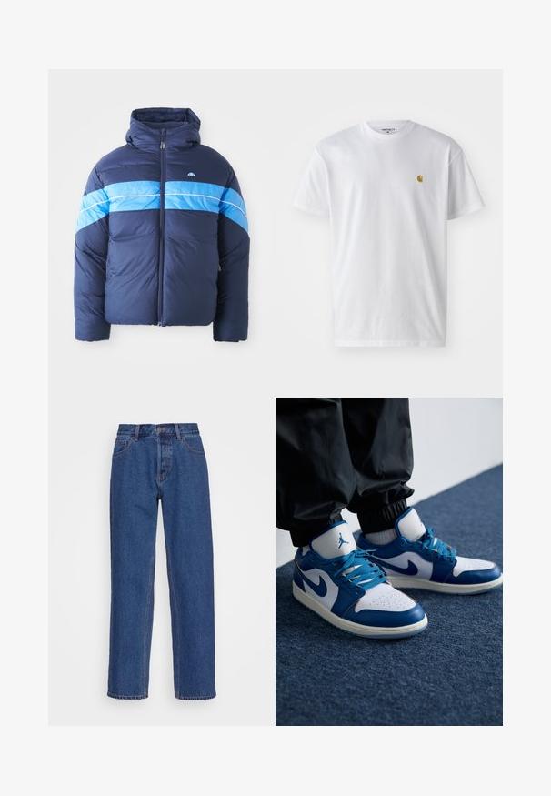 Dunkelblauer Puffer-Jacke mit Kapuze, die zwei horizontale hellblaue Streifen über der Brust aufweist. Mit Reißverschluss und gestepptem Material.; Weißes Baumwoll-T-Shirt mit kurzen Ärmeln, Rundhalsausschnitt, mit einem kleinen goldenen Logo im linken Brustbereich. Weicher Stoff und normale Passform.; Blaue Jeans aus Denim mit einem klassischen geraden Bein-Design, ausgestattet mit einer hohen Taille, Gürtelschlaufen und dezenten Stickdetails.; Die Nike Air Jordan Sneakers verfügen über eine weiße Lederbasis mit blauen synthetischen Akzenten, einer perforierten Zehenbox und blauen Schnürsenkeln.