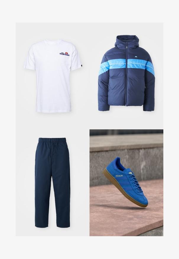 Dunkelblauer Puffer-Jacke mit Kapuze, die zwei horizontale hellblaue Streifen über der Brust aufweist. Mit Reißverschluss und gestepptem Material.; Weißes Baumwoll-T-Shirt mit kurzen Ärmeln, das ein marineblaues gesticktes Logo auf der linken Brust und einen lebhaften Farbakzent über dem Logo präsentiert.; Marineblaue Hose aus glattem Stoff mit elastischem Bund und Knopf, geraden Beinen und ohne sichtbare Muster oder Hardware.; Blauer Adidas Spezial Sneaker mit Gummisohle, Schnürsenkel gebunden, schwebend über einer glatten Steinoberfläche nahe einer grauen Betonwand.