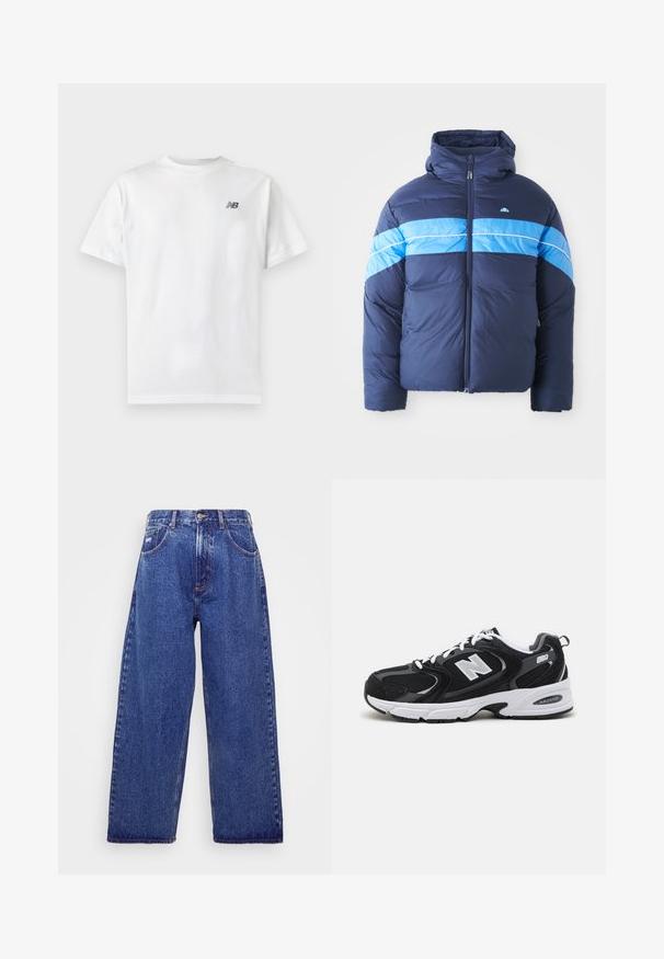 Marineblauwe pufferjack met capuchon, voorzien van twee horizontale lichtblauwe strepen over de borst. Ritsluiting en gewatteerde textuur.; Witte T-shirt met korte mouwen en ronde hals met een klein zwart New Balance-logo op de linker bovenkant van de borst op een effen lichte achtergrond.; Wijd gesneden, blauwe denim jeans met een hoge taille, voorzien van vijf zakken, een knoopsluiting en subtiele vervaging voor textuur.; Zwarte en grijze sport schoenen met een bovenwerk van mesh en suede, voorzien van een witte tussenzool, veters en een gedurfde "N"-logo aan de zijkant.