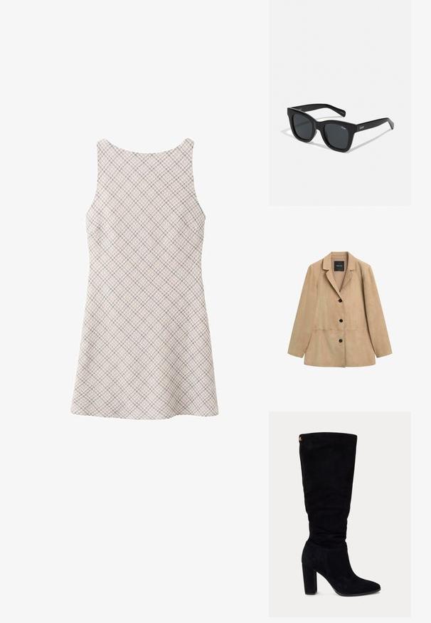 Blazer en daim beige avec des revers crantés et trois boutons noirs à l'avant, manches longues, conçu pour femmes.; Robe sans manches en ligne A avec un motif à carreaux multicolore subtil sur un fond beige clair, vue de dos.; Botte femme en daim noir montante jusqu’au genou avec talon bloc et bout pointu, avec une petite étiquette logo dorée près du haut à l’arrière.; Lunettes de soleil noires rectangulaires avec une monture en plastique lisse et des verres sombres. Logo "QUAY" sur le côté en blanc. Design minimaliste.