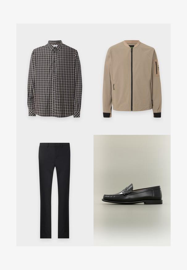 Cazadora bomber beige con cremallera frontal negra, bolsillos laterales con cremallera, puños negros en las muñecas y un bolsillo con cremallera en la manga izquierda.; Camisa de botones de manga larga en un patrón de cuadros en azul oscuro y beige. Presenta un cuello clásico y botones en el frontal, con un dobladillo recto.; Pantalones negros con diseño de pierna recta, confeccionados en una tela suave. Presenta bolsillos frontales, cierre de botón y trabillas para cinturón.; Mocasín de hombre de cuero negro con diseño moc-toe, tira de tipo penny y tacón bajo sobre fondo neutro.
