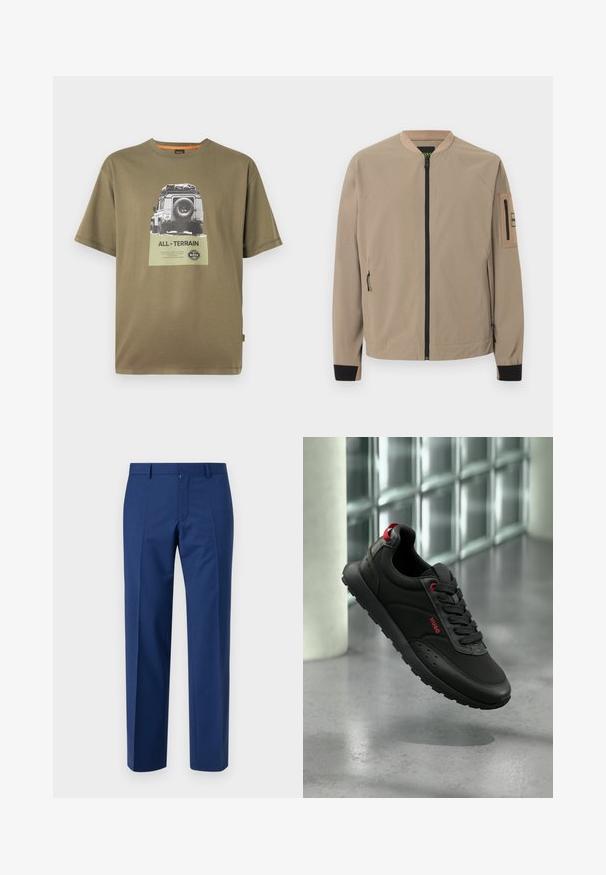 Beige bomberjakke med sort lynlås foran, lynlåslommer i siderne, sorte håndledsmanchetter og en lynlåslomme på venstre ærme.; Grøn bomulds T-shirt med korte ærmer, der har et grafisk tryk af et køretøj og teksten "ALL-TERRAIN" på et firkantet mærke.; Mørkeblå bukser med lige ben design, der har flad front, subtil tekstur, bæltestropper og lynlåsstop.; Sort atletiksneaker med røde accenter og Hugo-logo, svævende over gråt poleret gulv nær væg af glasblokke og hvid søjle.