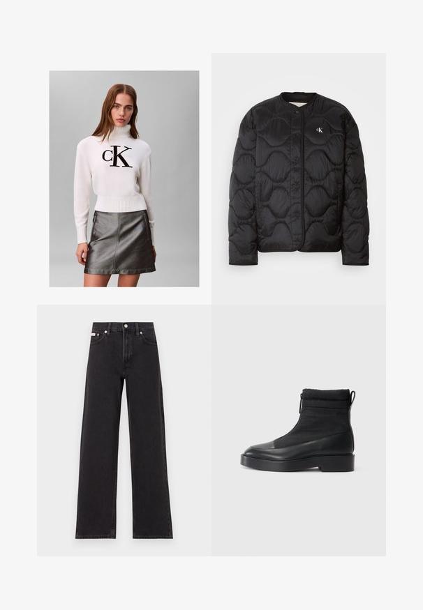 Doudoune noire avec un motif matelassé, col rond, boutons pression et un logo sur la poitrine. Tissu lisse et brillant avec une texture rembourrée.; Jeune femme portant un pull à col roulé blanc avec le logo noir "CK" et une jupe en cuir gris foncé métallisée, debout devant un fond uni.; Jeans noirs à jambes larges en denim, avec une taille haute, une coupe à cinq poches et une fermeture à bouton en métal avec des coutures contrastantes.; Bottines noires avec une tige en tissu matelassé texturé, un bout en cuir lisse et une semelle plateforme noire épaisse. Comprend une fermeture éclair et un cordon de serrage.
